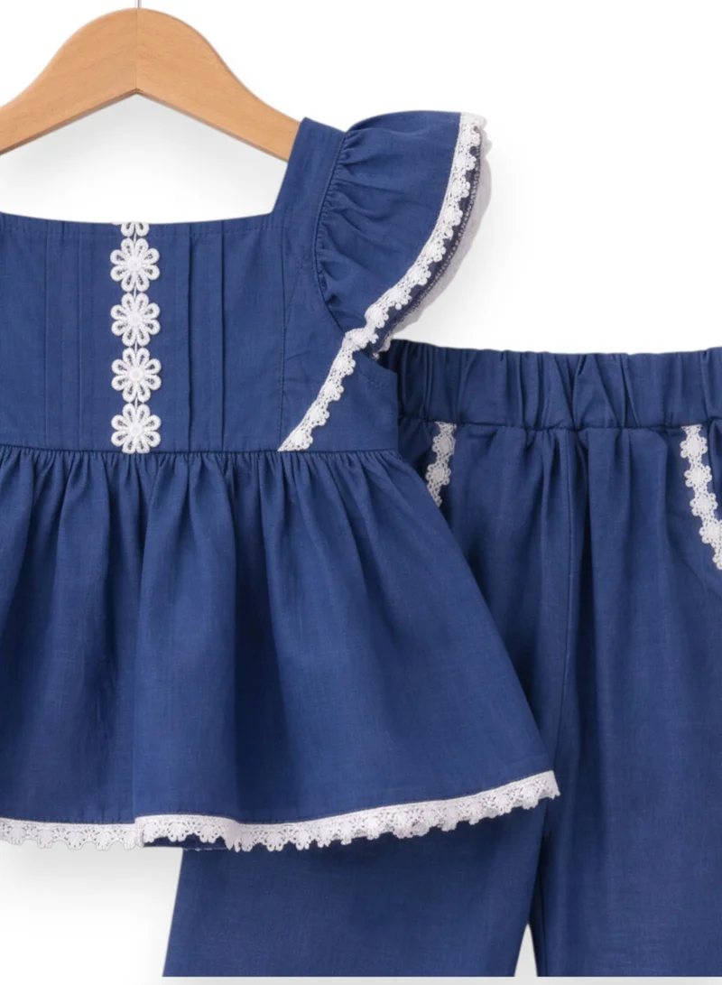 Victor And Jane  Baby Girls 4 pc Set - Denim Look Top & Culotte Pants Set with Lace Details for Women | Best Price UAE